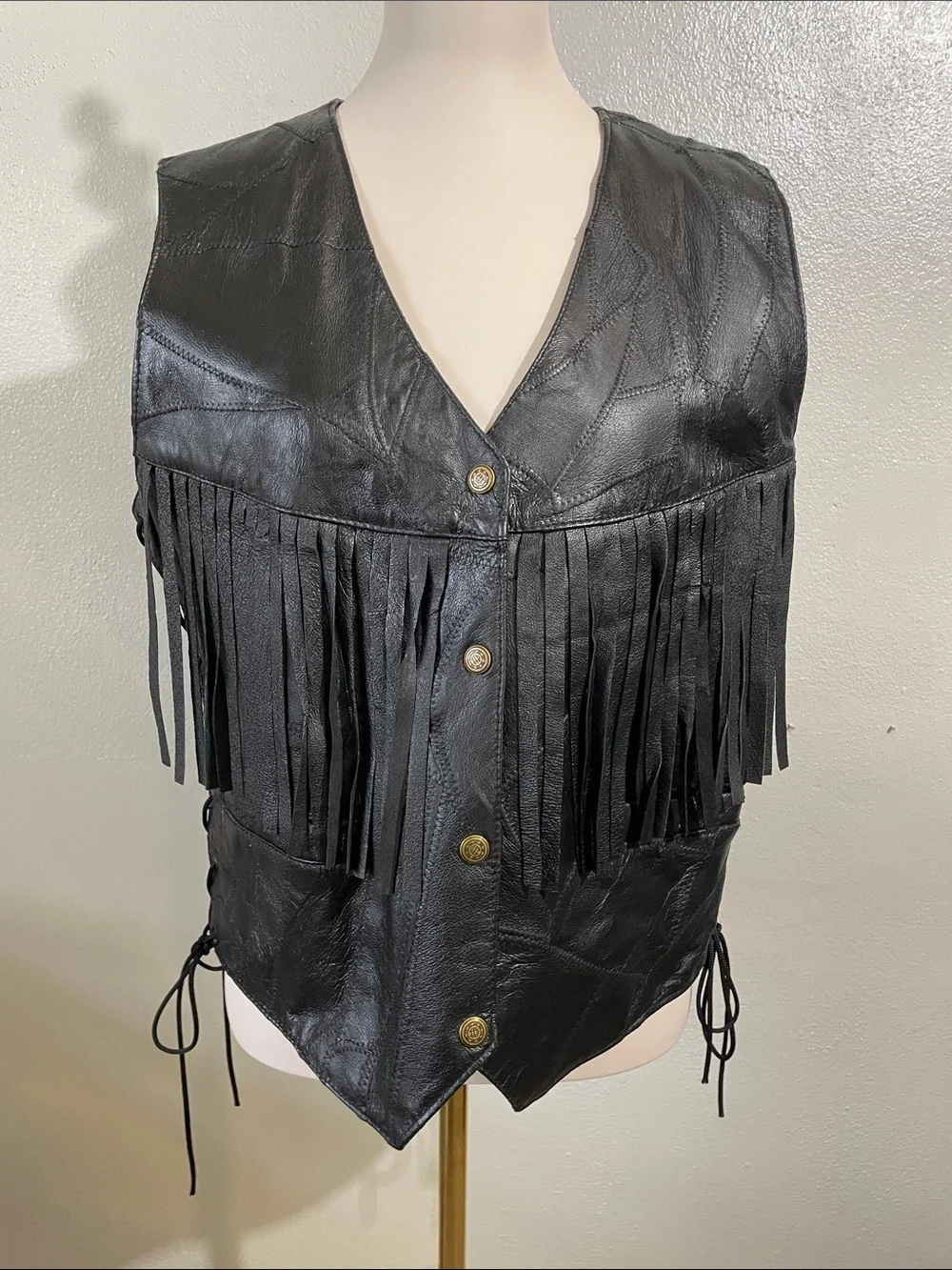 Leather Fringe Vest Lace Up Sides Western Biker XL Unisex Black Canyon Creek